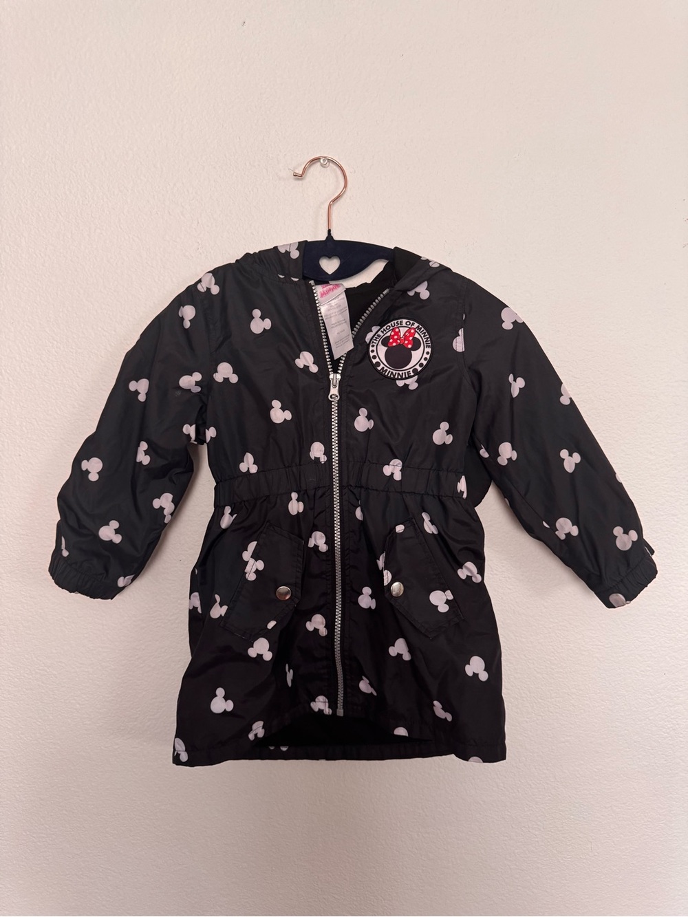 Disney Black Minnie Mouse Hooded Raincoat with White Print and Red Accent